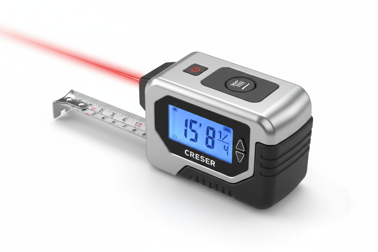 16-foot digital measuring tape with laser technology for precise measurements, ideal for architectural projects and sales demonstrations.