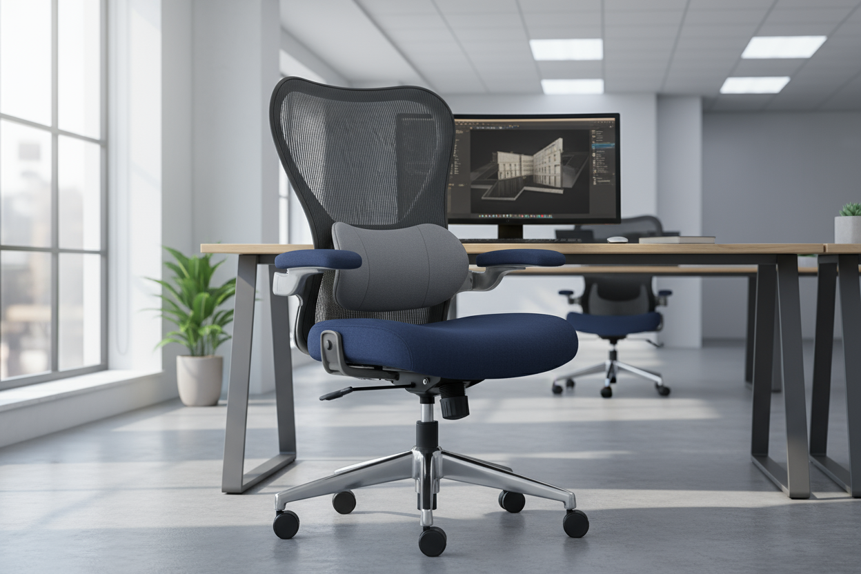 Comfortable, adjustable office chair with lumbar support, designed for long hours of work. Perfect for architects, consultants, and those in professional services.