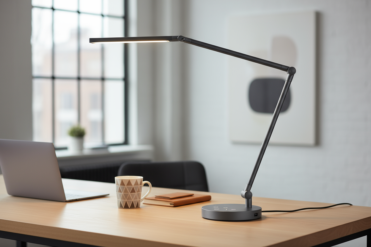Sleek, adjustable LED desk lamp with touch controls, dimmable settings, and a built-in USB charging port. Ideal for workspaces, home offices, or architectural design studios.